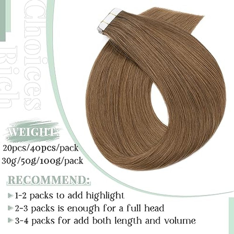 Rich Choices Tape in Hair Extensions Human Hair, 40pcs 100g 100% Remy Tape Hair Extensions Real Human Hair,Seamless Balayage Skin Weft Tape in Hair Extension 20 Inch #06 Light Brown