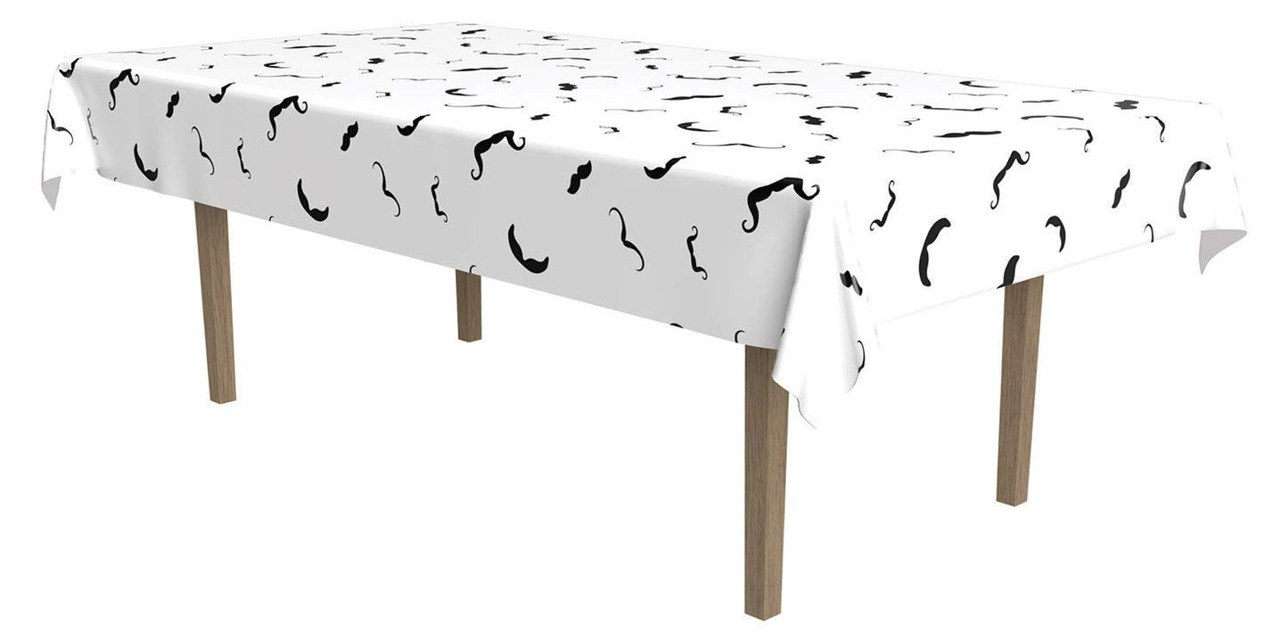 Beistle Moustache Tablecover, 54 by 108-Inch, White/Black, 54" x 108"