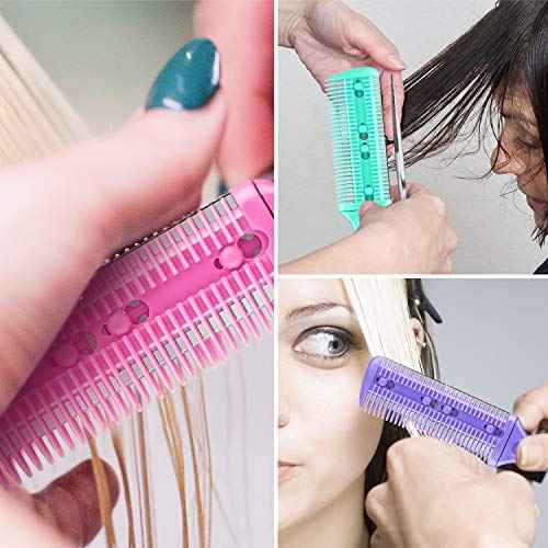 3 Pieces Hair Cutting Comb Set with 10 Razors, Double Edge Razor, Thinning Comb for Slim Haircuts (Green, Purple, Pink)