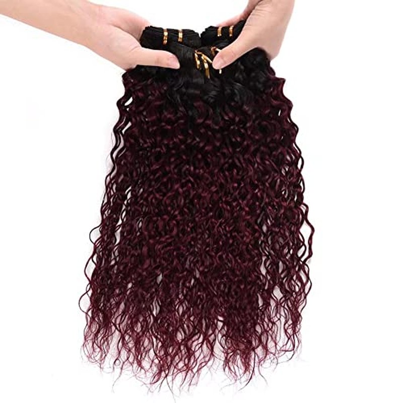 FEEL ME Ombre Brazilian Hair Weave Bundles Water Wave Human Hair Bundles 8A Mink Unprocessed Brazilian Water Wave Virgin Hair Bundles 3Pcs 1b/99j Black to Burgundy Ombre Hair Extensions(14 16 18)