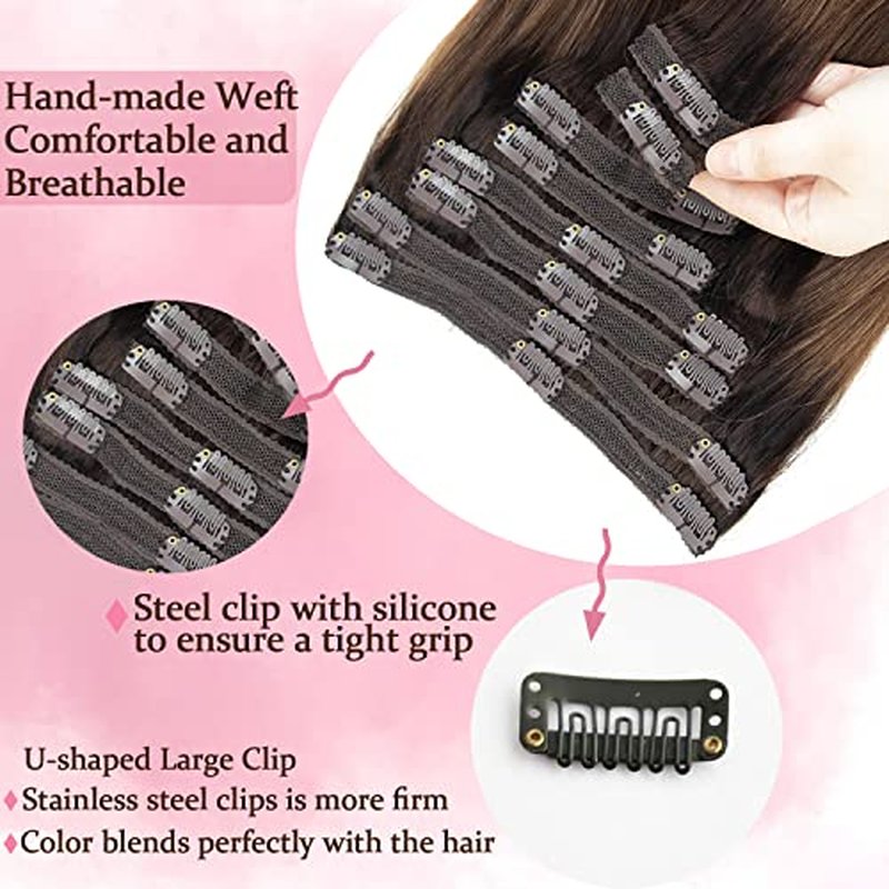Clip in Hair Extensions Balayage Dark Brown Mixed Chestnut Brown Hair Extensions Clip in Human Hair Invisible Remy Natural Hair Silky Straight 120g 8pcs (24 inch, #2/6/2)