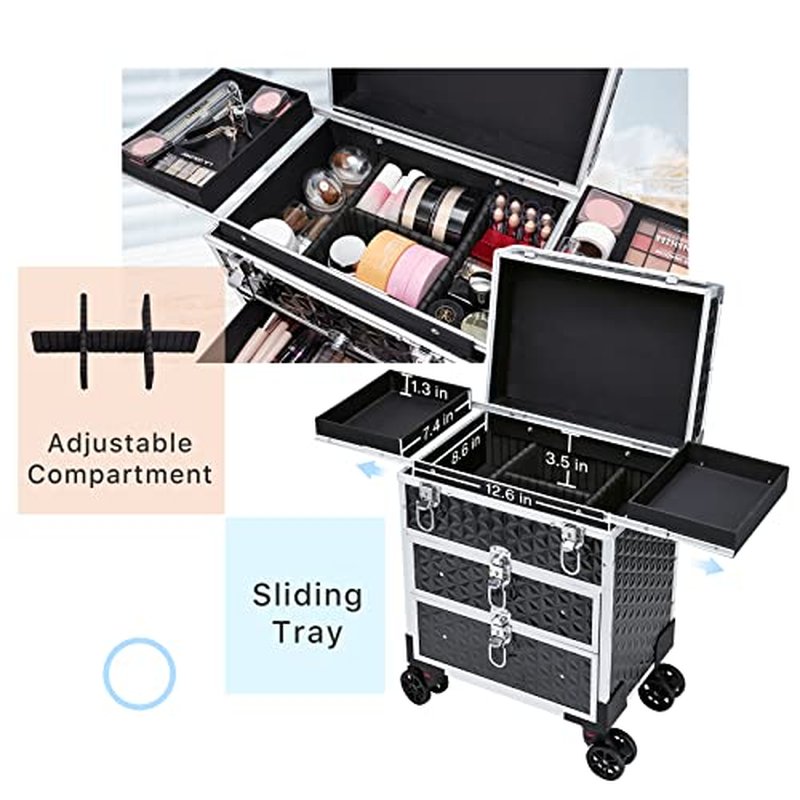 FRENESSA Professional Rolling Makeup Case Aluminum Trolley Train Case with 360¡Æ Swivel Wheels for Makuep Artist Travel Cosmetic Organizer with Sliding Drawers for Nail Tech Hairstylist Barber, Black