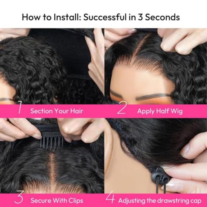 Asteria Half Wig Human Hair Water Wave With Drawstring 3 In 1 Glueless Half Wigs Water Wave Curly Half Wig Human Hair Wig Seamless Flip Over Beginner Friendly No Lace Wigs 16 Inch