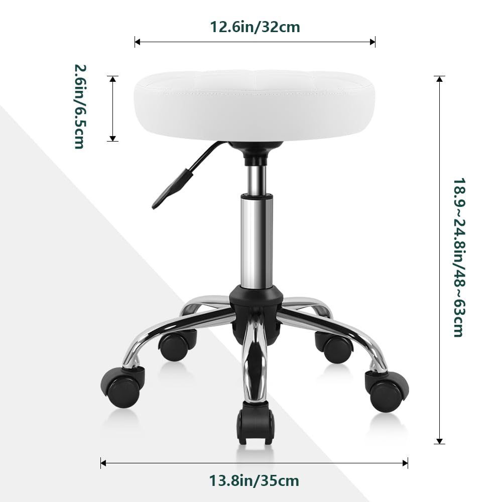 BFTOU White Classic Swivel Stool with Wheel for Salon Work Home SPA Shop Height-Adjustable and Cost-Effective Rolling Stool Chair Small
