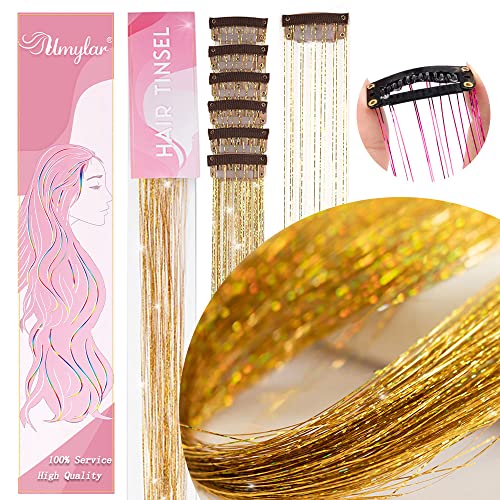 Gold Hair Tinsel Pack of 12 Pcs Clip in Hair Tinsel 20 Inch Glitter Tinsel Hair Extensions, Festival Tinsel Fairy Hair Extension Party Dazzle Hair Accessories Strands Kit (12Pcs,Gold#)