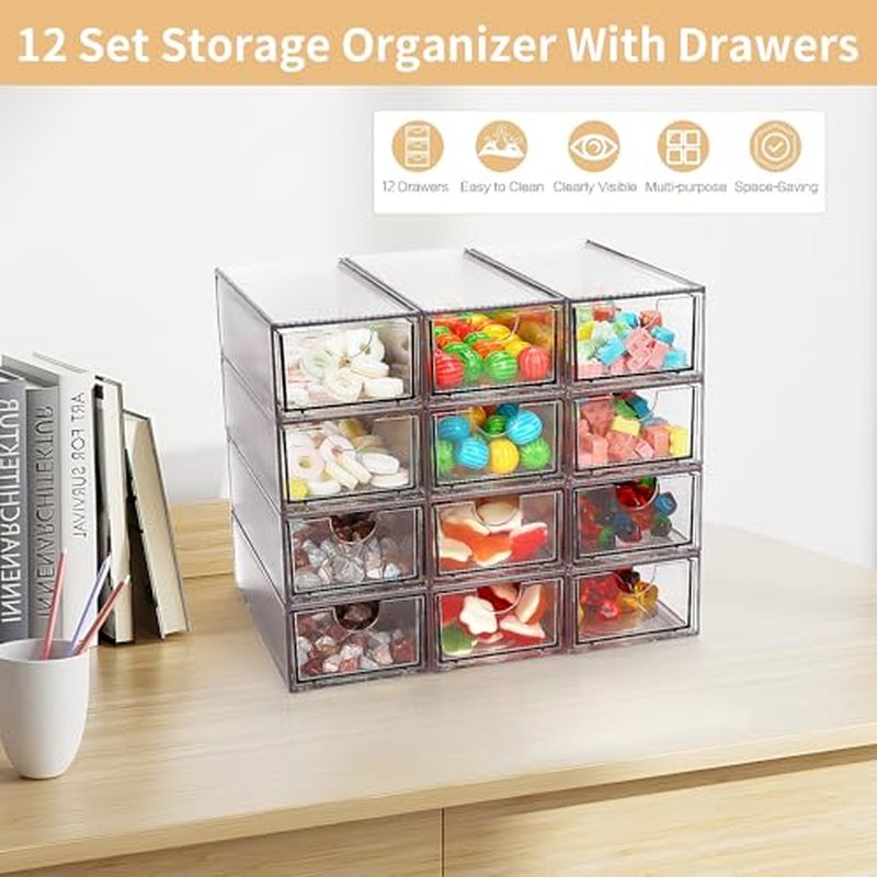 Desk Organizer with Drawers, Stackable Plastic Storage Drawers for Makeup or Desk Organization, Cabinets for Office Dressing Countertop Bathroom Bedroom (12 Packs)