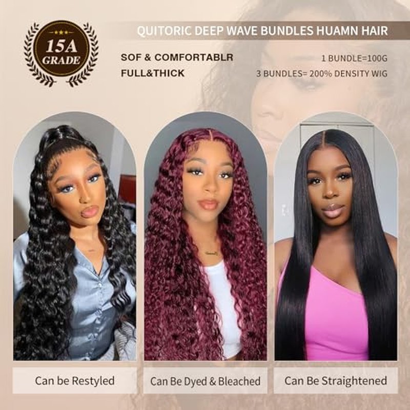 15A Raw Indian Deep Wave Human Hair Bundles 14 16 18 Inch Deep Culry Quick Weave Wet and Wavy Bundles Human Hair Double Drown Weft Hair Extensions Natural Black Color Remy Virgin Hair Bundles