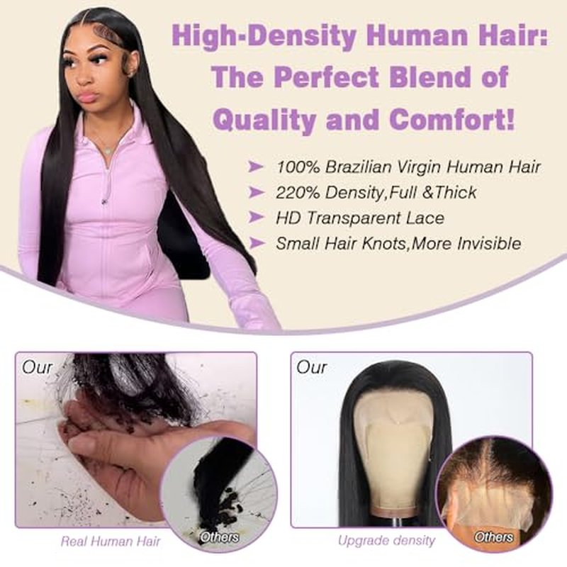 Beauty Queen 16A Straight Lace Front Wigs Human Hair Pre Plucked 13x4 Transparent HD Lace Frontal Straight Wigs Human Hair 220 Density Remy Thick Glueless Wigs for Women Natural Black 18 Inch