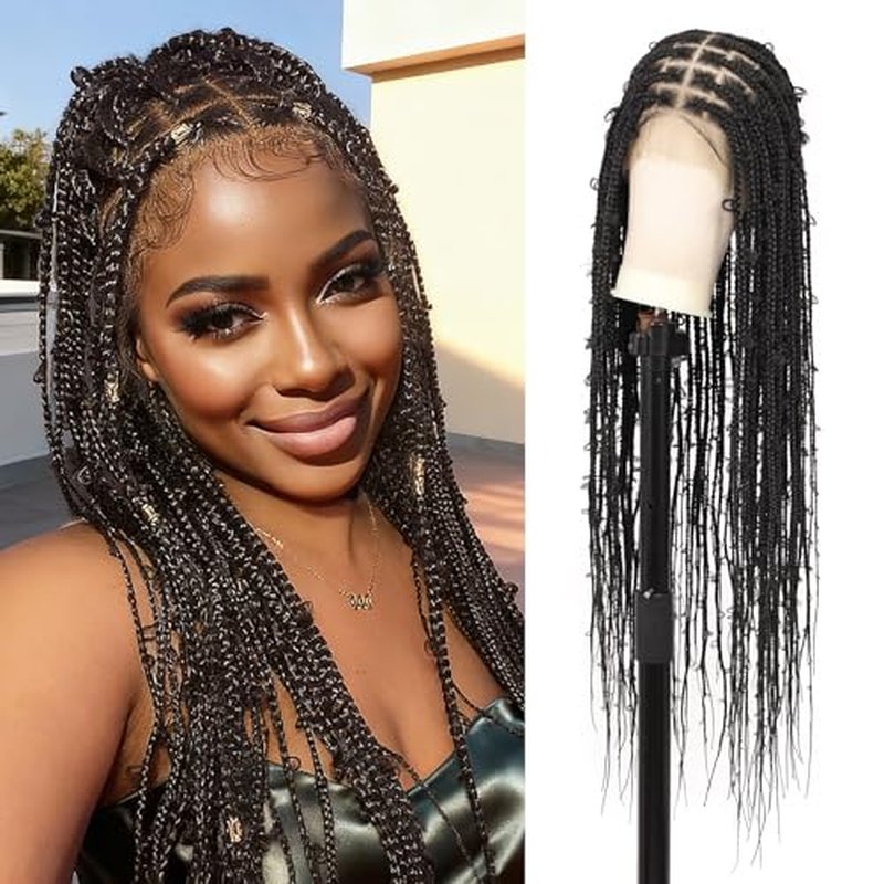 36" 13x8 HD Lace Front Braided Wigs for Women Knotless Box Braided Wigs Butterfly Braided Wig with Baby Hair Free Parting Synthetic Hair Braided Lace Front Wigs Natural Black