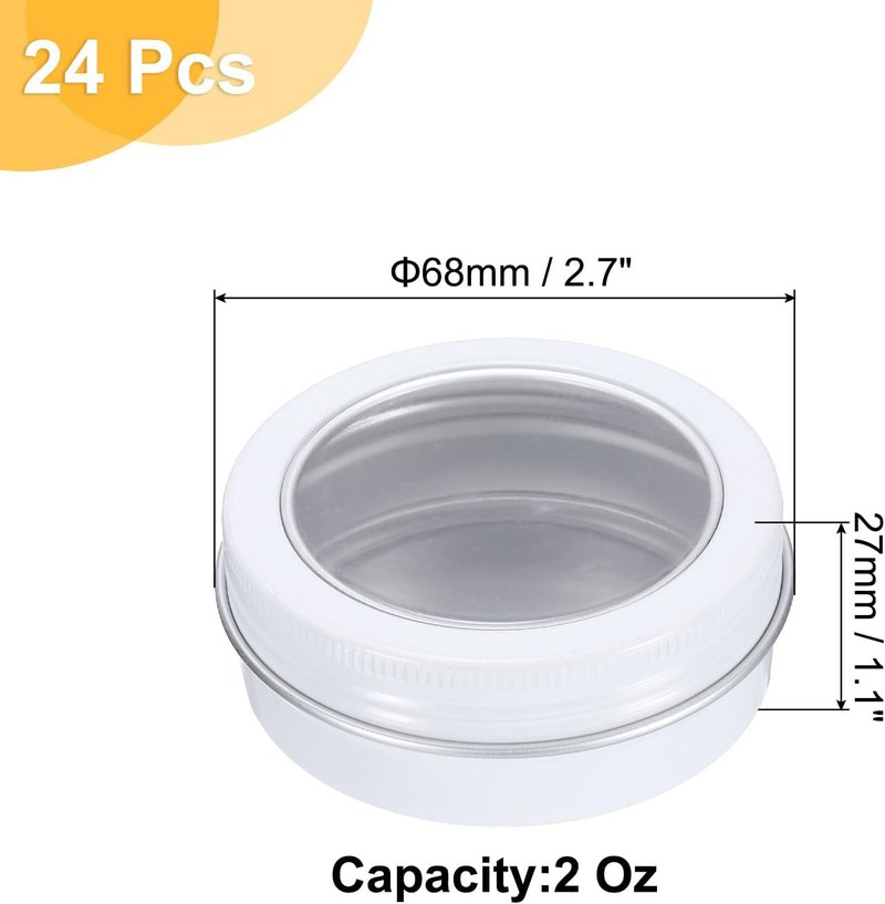 Aluminum Round Tin Cans - 2 Oz Travel-Sized Metal Containers with Clear Lid | 24 Pcs for Cosmetics, Balms, and Candles - White