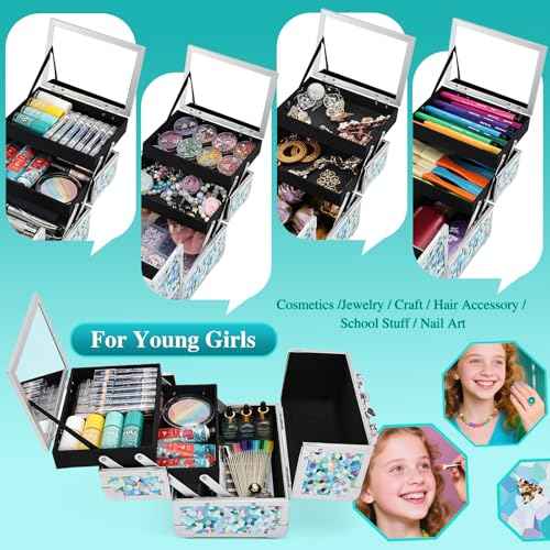 FRENESSA Makeup Case Train Case Portable Kids Makeup Box with Mirror Lock Box Travel Cosmetic Train Cases Hard Makeup Organizer for Girls Nail Craft Storage Vanity Mosaic Puzzle