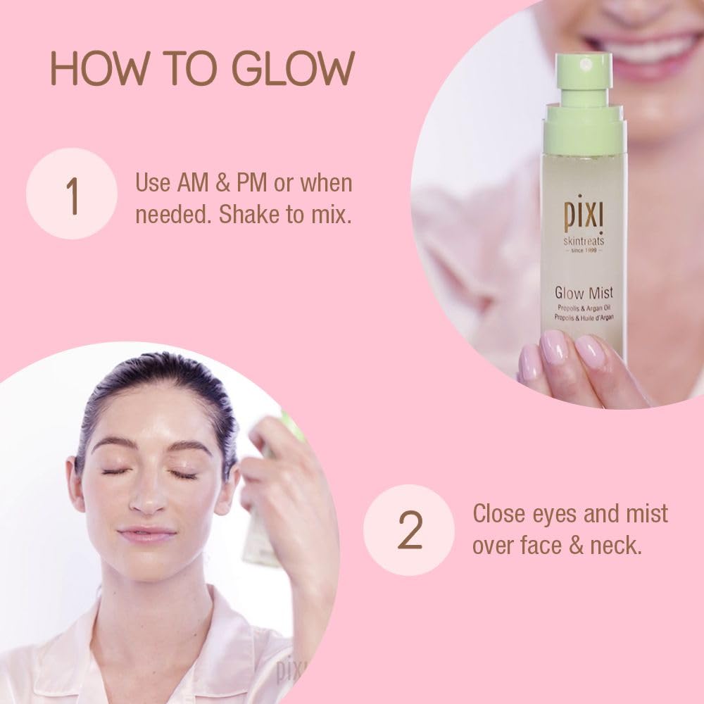 Pixi Beauty Glow Face Mist with Natural Oils | Glow Mist Illuminating Spray Revives Dull Dry Skin | Instant Radiance & Dewy Finish, Sets Makeup | Propolis & Argan Oil, Non-Greasy | 2.7 fl oz