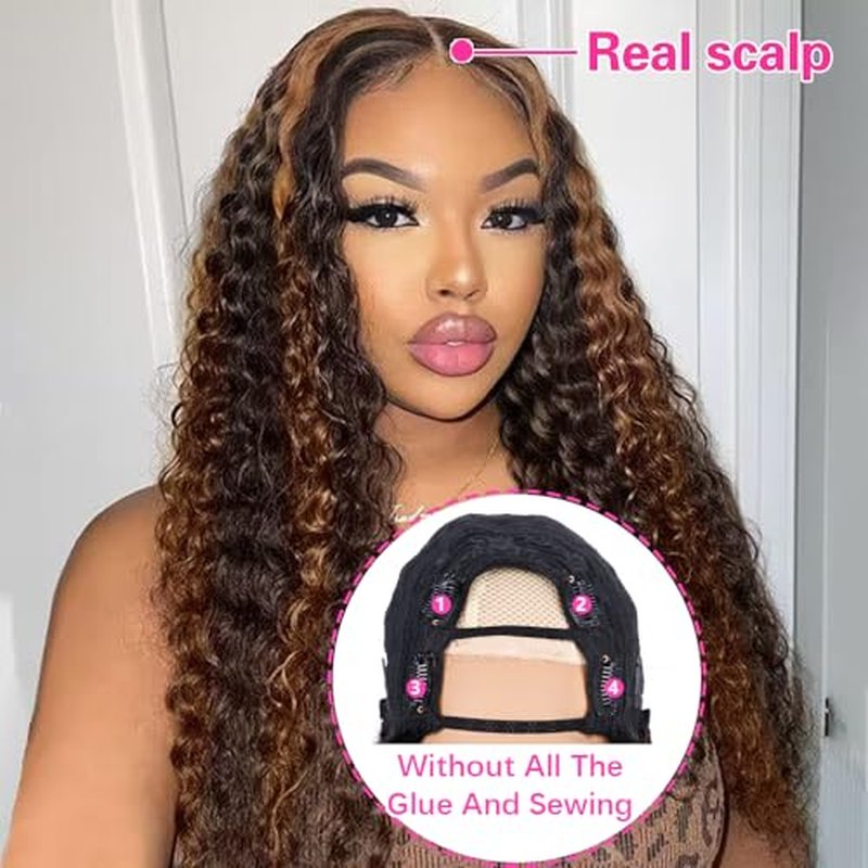 Lucasar FB30 Deep Wave U Part Human Hair Wigs for Black Women 180% Density Glueless U Shape Half Wig 180% Density Wig No Leave Out Lace Glueless Deep Curly Upgrade U Part Wigs (24 inch, FB30)