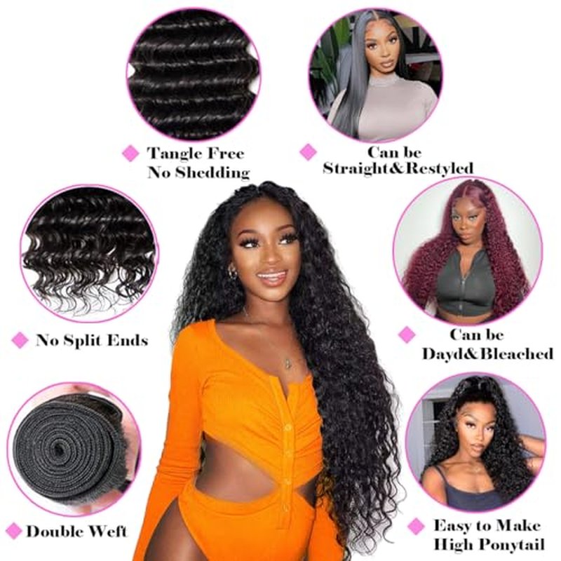 Deep Wave Human Hair Bundles with Closure 12A Grade Brazilian Unprocessed Virgin Human Hair 3 Bundles With 4X4 Lace Closure Free Part 16 18 20+14 Inch Double Weft Water Wave