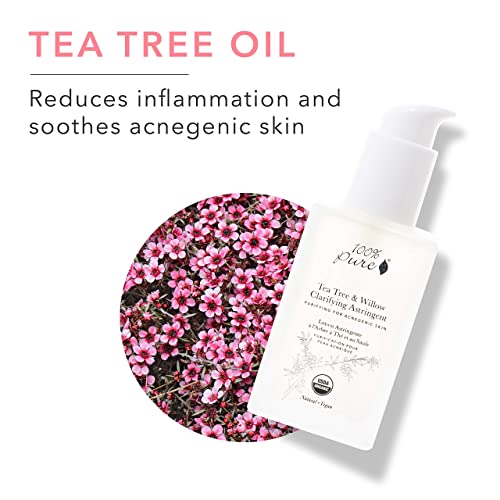 100% PURE Tea Tree & Willow Clarifying Astringent, Natural Acne Treatment, Alcohol Free, Hydrating Toner - 4 Fl Oz