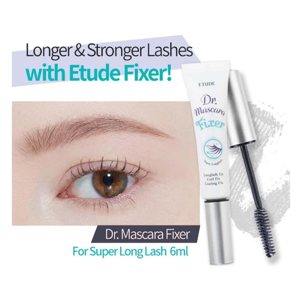 ETUDE Dr. Mascara Fixer For Super Long lash, Korean Mascara Primer, Natural lash Extension, Lengthening, Smudge-Proof, Korean Makeup, Beauty, Micro Black Fiber Formula (0.203 Fl Oz)