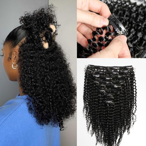 KRN Clip in Real Human Hair, 136g 8pcs Natural Black Hair Extensions Clip ins for Black Women Full And Thick Kinky Curly Clip in Human Hair Extensions 20 Clips Easy to Wear 16 Inch