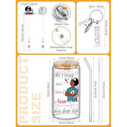 Quelay 10 Pcs Black Nurse Gifts Set for Women African Nurses Christmas Appreciation Gift 16 oz Glass Cup Blanket Cosmetic Bag Tote Bag Socks Candle Badge Reels Keychain for Retirement Work Accessories