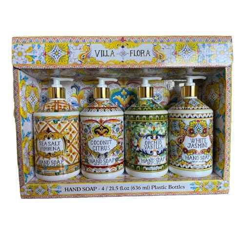 Home and Body Company Hand Soap Villa Flora Collection 16 FL/473ml Bottles infused with Essential Oils (SET OF 4) Sea Salt Verbena, Coconut Citrus, Orchid Vanilla, and White Jasmine
