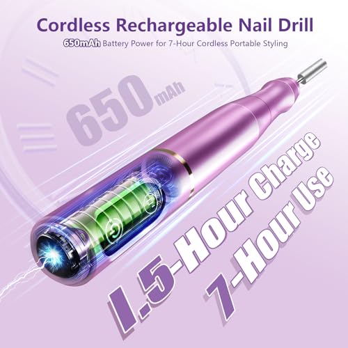 Cordless Nail Drill Electric Nail File Kit Rechargeable Professional Efile Nail Set, Portable Acrylic Gel Nail Polish Remover Machine Pedicure Manicure Tool, 11 Bits 56 Sanding Bands Salon Home