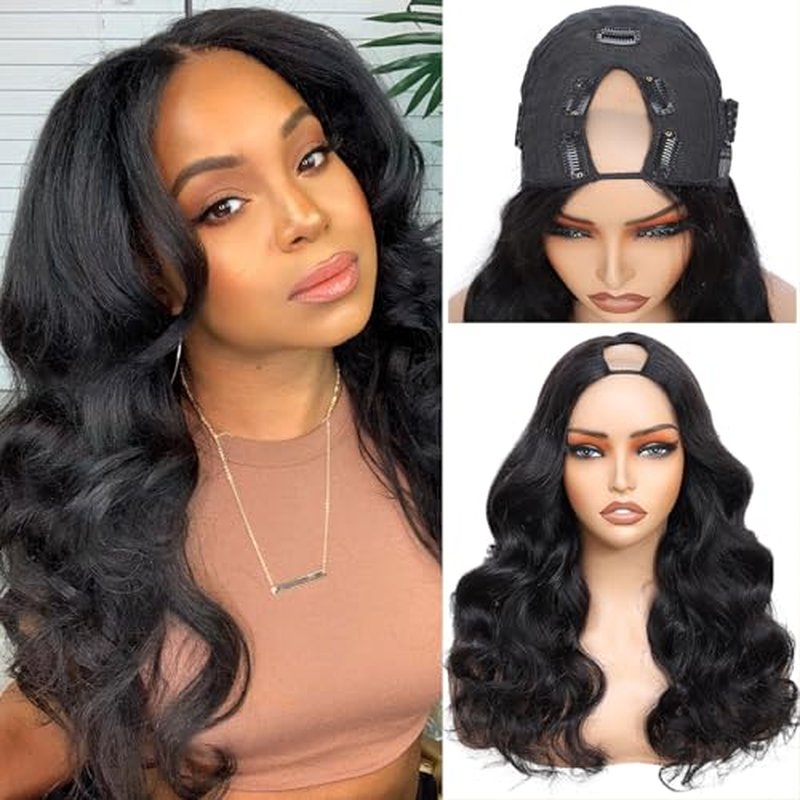 V Part Wig Human Hair Body Wave Upgrade U Part Human Hair Wig With Adjustable Drawstring 200% Density V Shape Clip In Half Wig For Women Natural Color 18 Inch