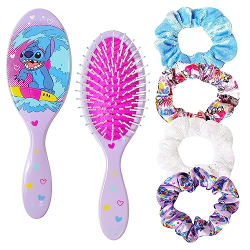 LUV HER Lilo & Stitch Hair Accessory 5 Pcs Set - 1 Regular 9 inch Stitch Hairbrush & 4 Scrunchies - Detangling Brush - Elastic Hair Ties Ropes for Girls, Ages 3+