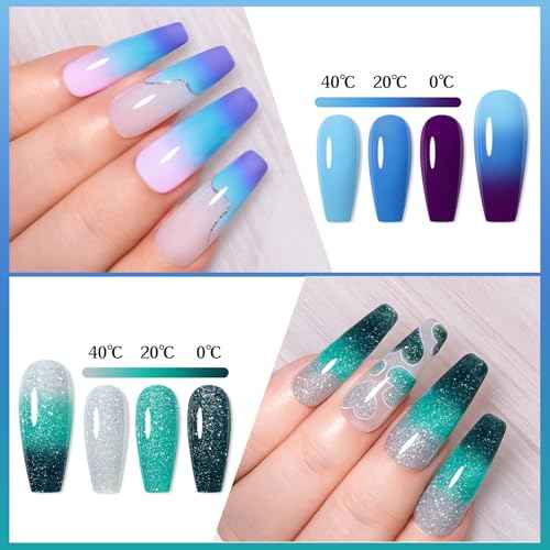 MEET ACROSS Glitter Thermal Gel Nail Polish Gel Temperature Color Changing Gel Polish Soak Off UV Gel Nail Polish Nail Art Varnish For Home Salon Manicure DIY 12 PCS/BOX