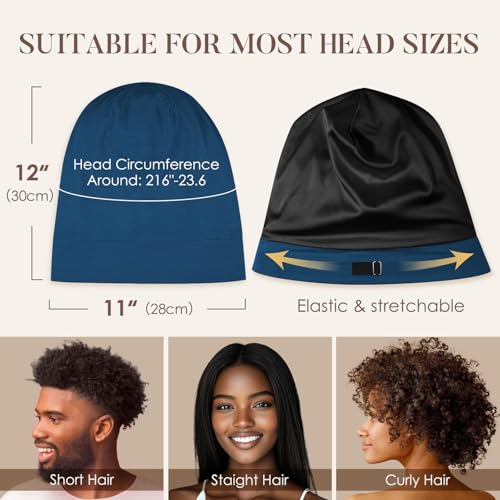 LULUSILK Mulberry Silk Lined Sleep Cap, No More Frizzy Tangled Hair, Stay On All Night Silk Hair Wrap for Sleeping with Adjustable Strap, Silk Bonnet for Women and Men, Bijou Blue, Pack of 1