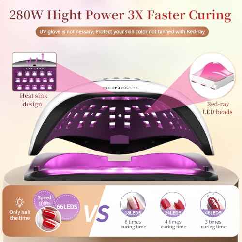 UV LED Nail Lamp, 280W Professional UV Nail Dryer Light for Gel Nails with 66 Beads, Fast Curing Gel Polish Lamp Auto Sensor 4 Timer Setting, Nail Art Drying Tools for Fingernail and Toenail