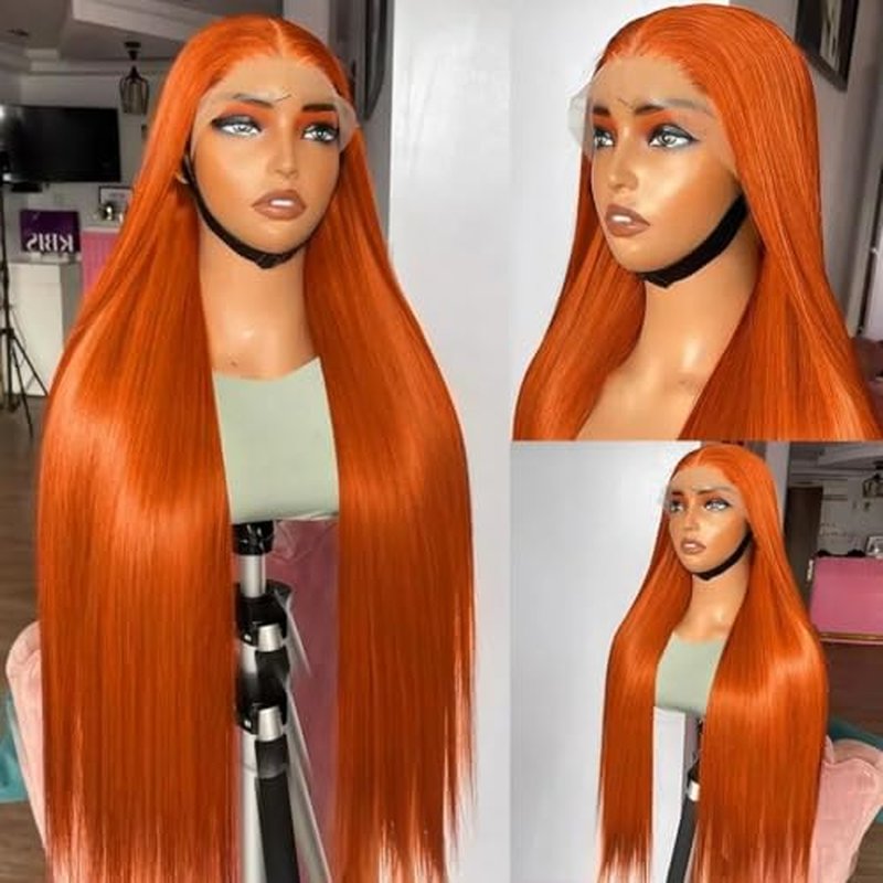 22 Inch Ginger Orange Lace Front Wigs Human Hair Pre Bleached 200% Density 13x6 HD Straight Lace Front Wigs Pre Plucked with baby Hair