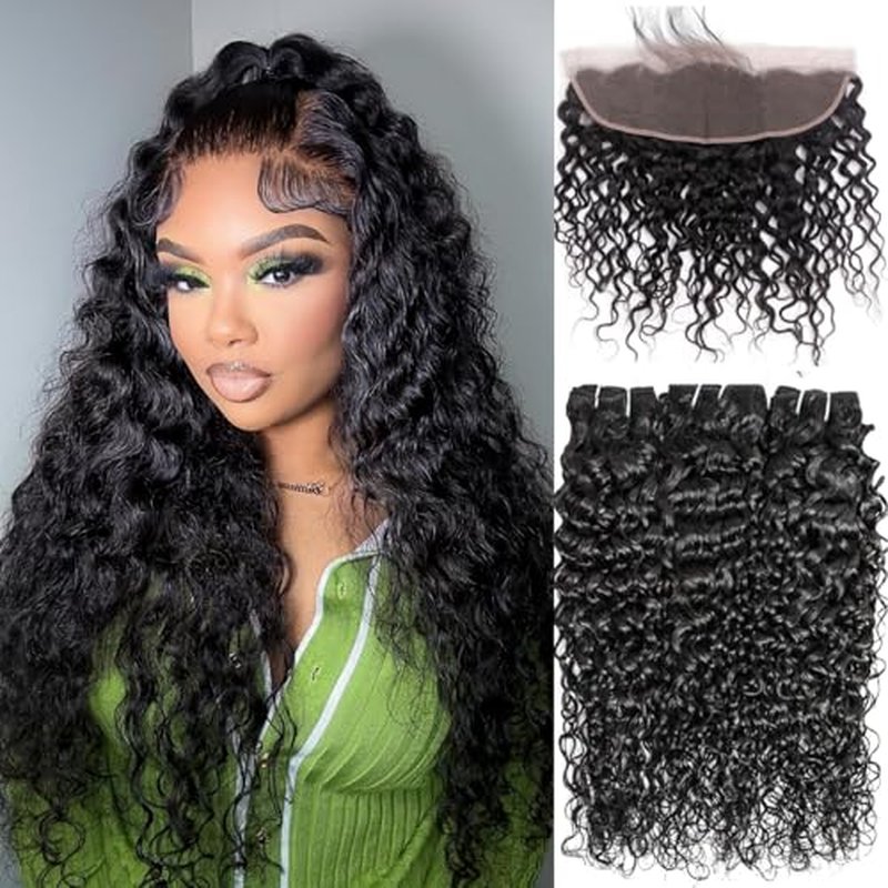12A Human Hair Bundles With Closure Frontal (18 20 22 +16£¬Free Part) Water Wave 3 Bundles with 13x4 HD Lace Frontal Wet and Wavy 100% Brazilian Virgin Curly Human Hair for Women