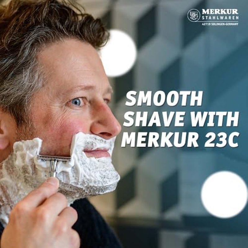 MERKUR 5005 Travel Shaving Set featuring MERKUR 23C Three-piece Safety Razor with Long Handle & Bright Chrome Finish, 10 Double Edge Blades & Black Leather Case | Made In Germany
