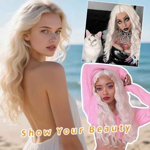 Platinum Blonde Wig for Women, 4x1 Lace Hairline Long Wavy Middle Part Heat Resistant Synthetic Wigs for Daily Party - 24 Inch