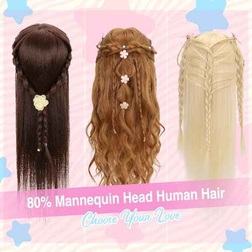 Mannequin Head with Human Hair 80% Real Hair 26-28'' Cosmetology Mannequin Head for Hairdresser Styling Practice on Braiding Manikin Doll Head with Free Clamp Stand and Tools (Blond)