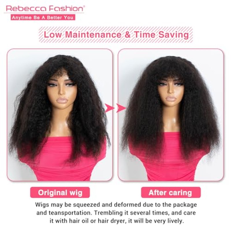 Rebecca Fashion Afro Kinky Curly Wig with Bangs Human Hair Glueless Minimalist 2.5x1 Lace Scalp Wig for Women Glueless Wear and Go Wigs Natural Color