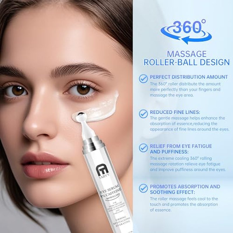 Eye Serum, Under Eye Cream For Dark Circles, 8% Caffeine Eye Serum For Women & Men, Eye Cream Anti Aging With 360¡Æ Massage Ball, Eye Cream For Puffiness And Bags Under Eyes, Eye Serum For Fine Lines