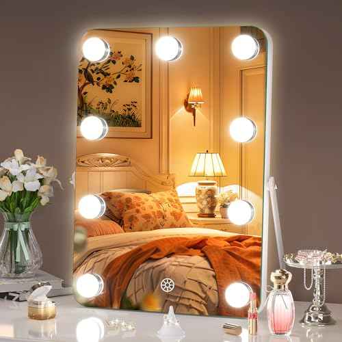 Hasipu Vanity Mirror with Lights, Hollywood 10" x 14" LED Makeup Mirror, 3 Modes Light, Smart Touch Control Dimmable, 360¡ÆRotation, Rounded Rectangle White Frame