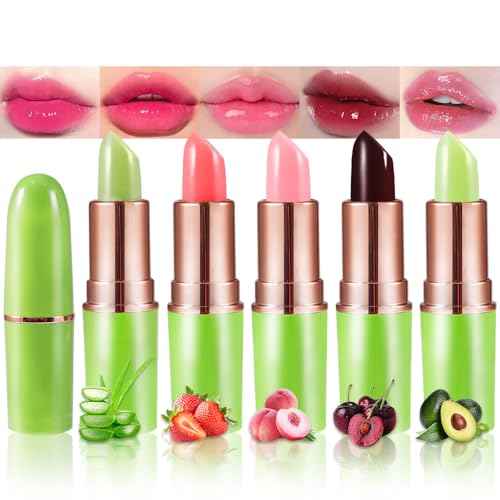 BINGBRUSH Peach Color Changing Lipstick,Moisturizer Long Lasting Lip Care Lip Balm Magic Lip Gloss Lip Tint Stain Gloss Set for Women(5 Pcs-01#Aloe+02#Strawberry+09#Peach+04#Red Cherry+10#Avocado)