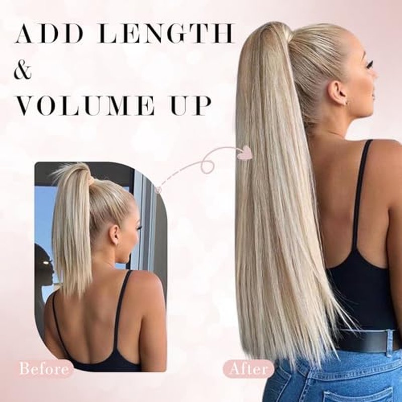 Ponytail Extensions Human Hair Long Ponytail Hair Extensions with Magic Paste Wrap Around Clip in Ponytail Extensions Real Human Hair,18inch #12P613 Golden Brown mixed Bleach Blonde,90g