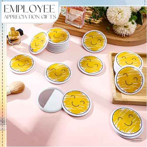 Geetery 30 Pcs Inspirational Smile Face Compact Mirrors Bulk Mini Pocket Mirrors Emoticon Gifts for Students Party Favors Yellow Portable Birthday Wedding Shower Party Supplies