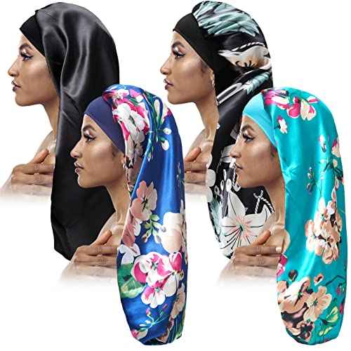 4PCS Long Satin Bonnet Sleep Cap,Black Extra Large Silk Bonnet for Natural Hair, Bonnets for Women Night Sleep,Wide Elastic Band, Very Soft & Comfortable (Black,3 Floral Patterns)