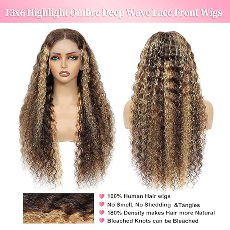 Aimking Honey Blonde Human Hair Wig Ombre Highlight 4/27 Deep Wave Lace Front Wigs Human Hair Curly Wig 180% Density Lace Frontal Wigs (26 Inch)