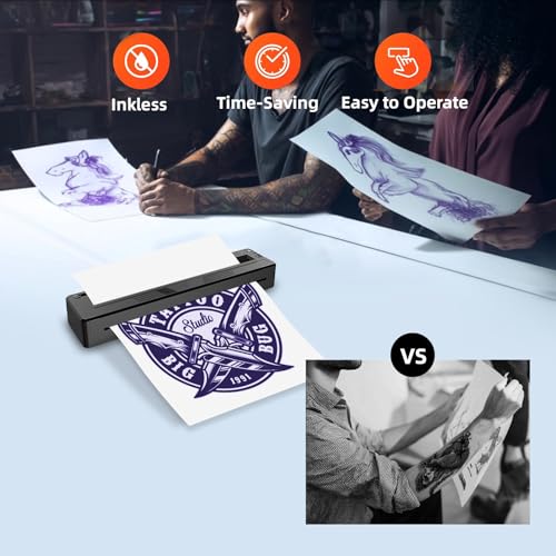 New Tattoo Stencil Printer - Wireless Bluetooth Thermal Kit with 10 Transfer Papers, Fits Custom-Size A4-A8 Width Thermal Paper, Works for Phones/Tablets/PC/Mac, for Artists & Beginners (Black)