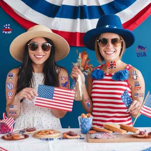 50 PCS Fourth of July Temporary Tattoos for Kids, Red White and Blue Themed Tattoos for Birthday Party Supplies USA Flag Memorial Day Independence Day Labor Day Tattoo Stickers for Kids Boys Girls