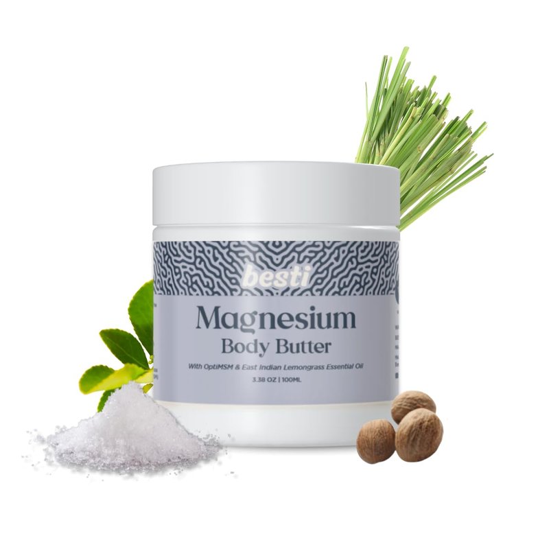 Besti Magnesium Body Butter with 35% Magnesium, Shea Butter & Sweet Almond Oil, Naturally Scented with Lemongrass Essential Oil, Fast-Absorbing, Deeply Nourishing, for Soft, Hydrated Skin - 3.8 oz