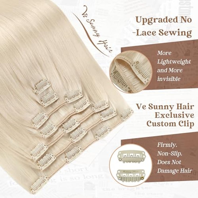 Ve Sunny Blonde Clip in Hair Extensions 22inch Platinum Blonde Human Hair Extensions Clip ins Long Hair Clip in Human Hair Extensions Color 60 Add Hair Length 7pcs 120g