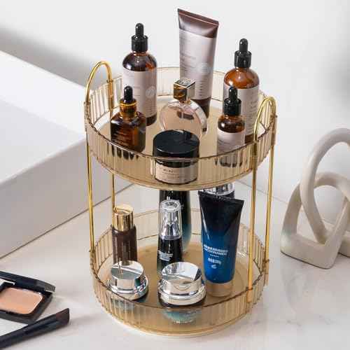 Makeup Organizer for Vanity, 360¡Æ Rotating Bathroom Organizer Countertop, High-Capacity Skincare Organizer, Spinning Cosmetics Organizer for Dresser Countertop (2 Tiers, Amber)