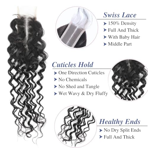 Water Wave Closure 20 Inch 2x6 HD Lace Closure Brazilian 12A Remy Human Hair Pre Plucked Transparent Lace Middle Part Wet and Wavy Closure with Baby Hair Natural Black Color Curly Extensions