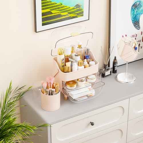 Yieach Countertop Makeup Organizer for Vanity,Large Capacity Skincare Organizers With Drawers and Makeup Brush Holder,Cosmetic Display Cases with Clear Cover for Bathroom,Dresser,Beauty Product,Pink