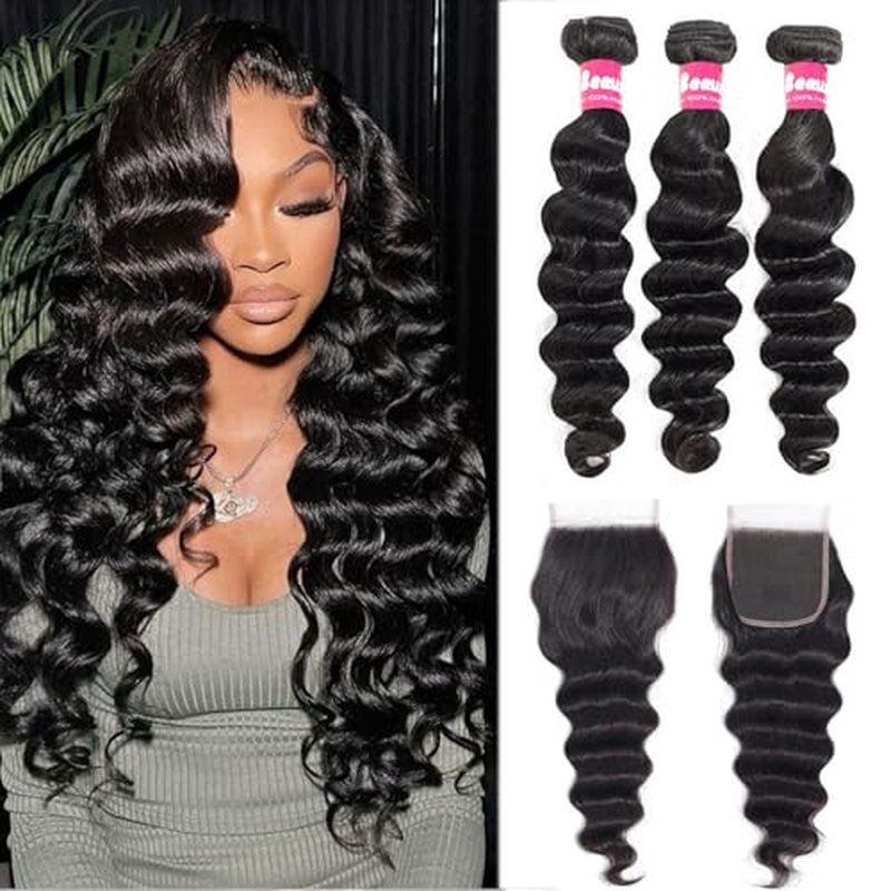 10A Human Hair Bundles with Closure Loose Deep Wave Quick Weave Hair-18 20 22+18inch, 100% Raw Brazilian Virgin Hair Loose Wave Lace Closure with 3 Bundles Pre plucked Natural Black Color